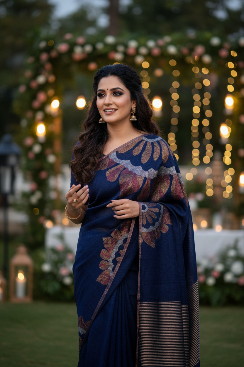 Blue Linen Saree