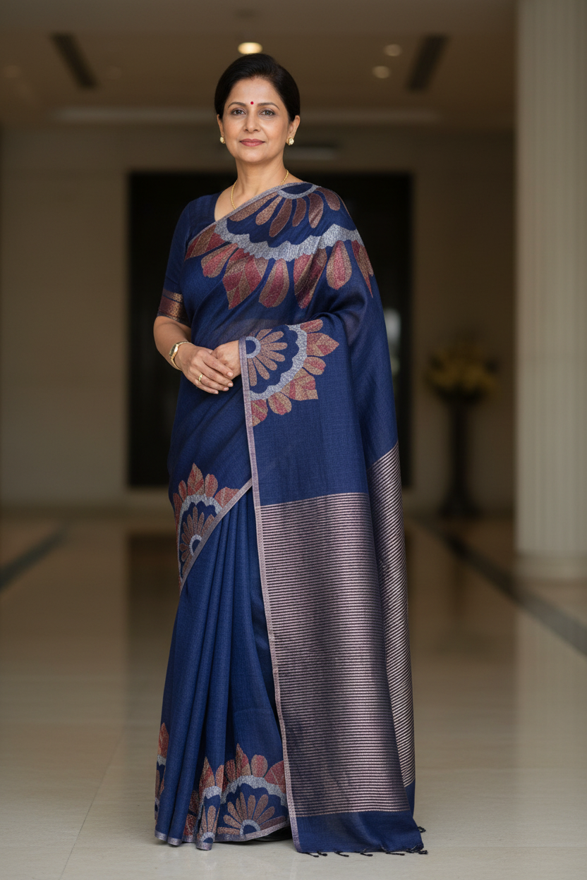 Blue Linen Saree