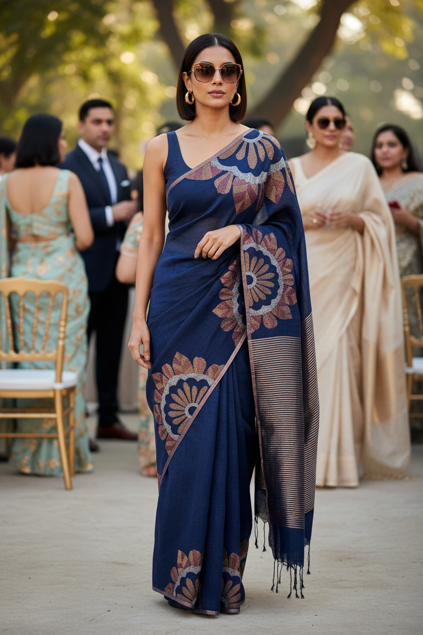 Blue Linen Saree