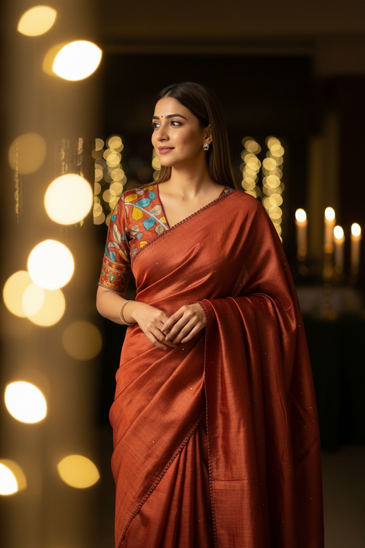 Rust Tussar Silk Saree with Mukeish Work