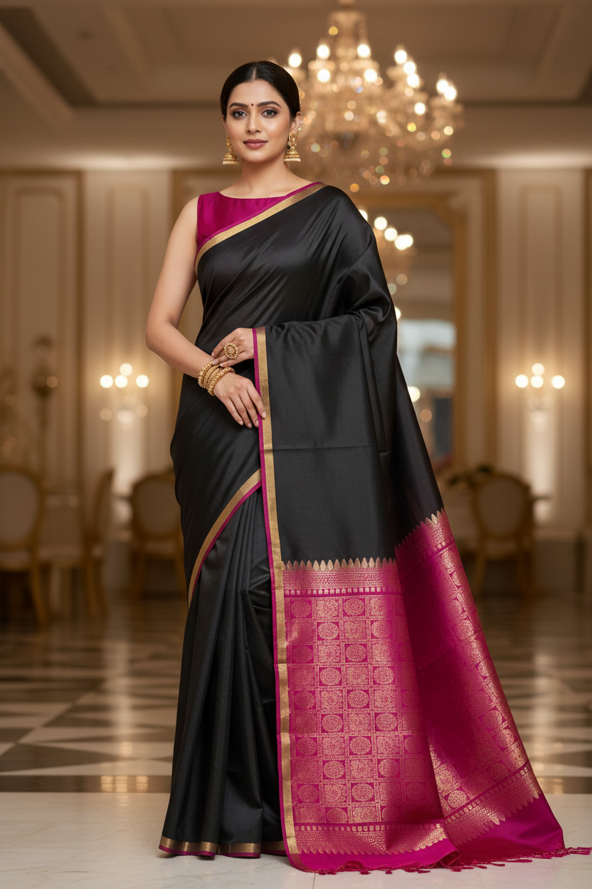 Black and Magenta Kanjivaram Soft Silk Saree