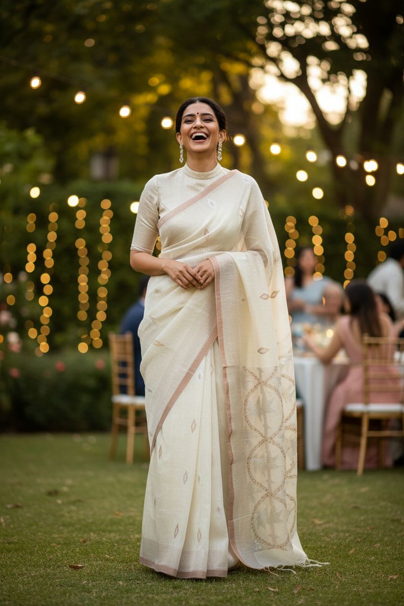 Off White Silk Linen Saree