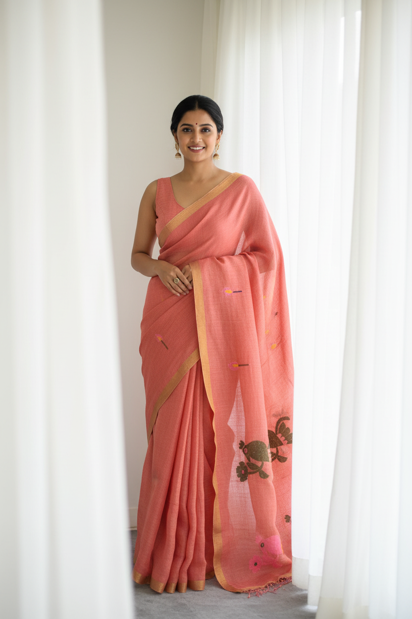 Peach Jayshree Linen Saree with Paithani Style Palla