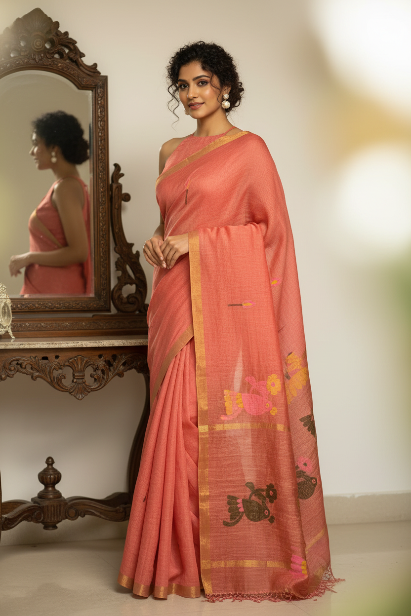 Peach Jayshree Linen Saree with Paithani Style Palla