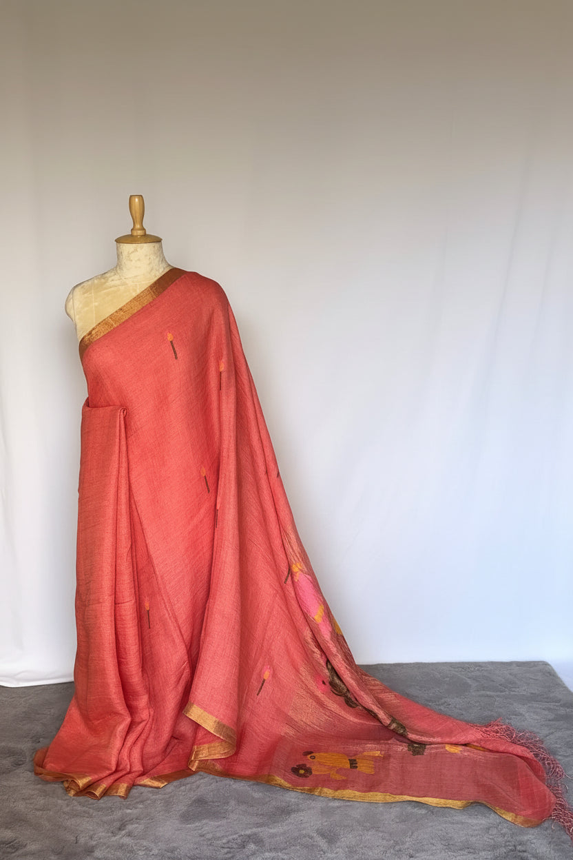 Peach Jayshree Linen Saree with Paithani Style Palla