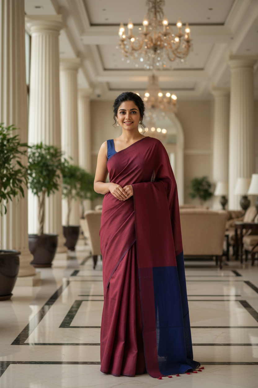 Maroon and Blue Khadi Cotton Saree