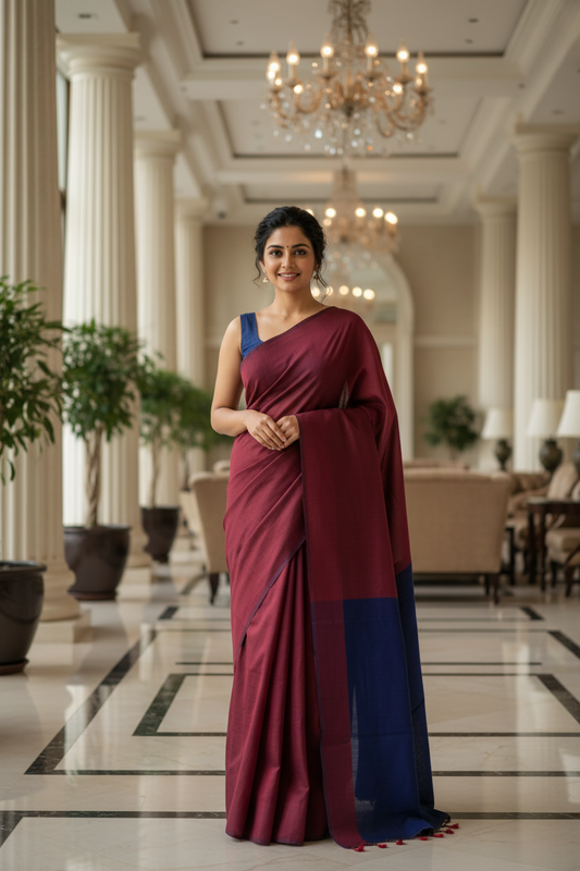 Maroon and Blue Khadi Cotton Saree