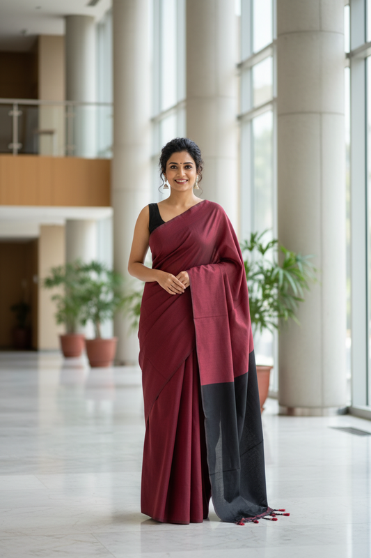 Maroon and Black Khadi Cotton Saree