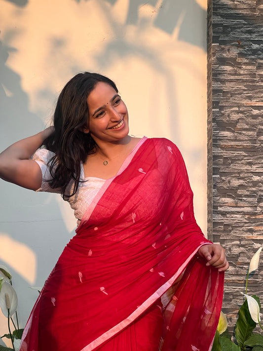 Red and White Cotton Saree