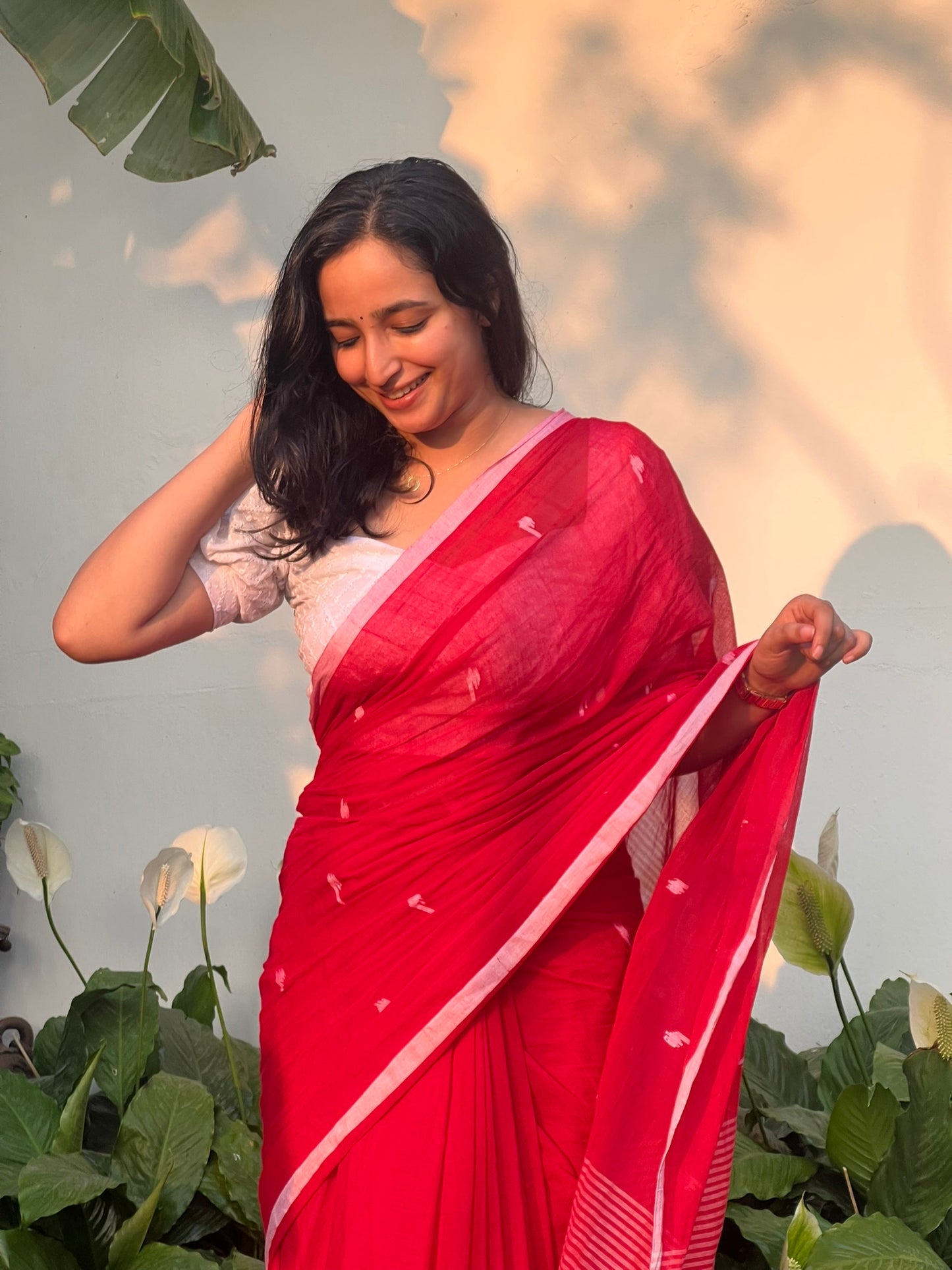 Red and White Cotton Saree