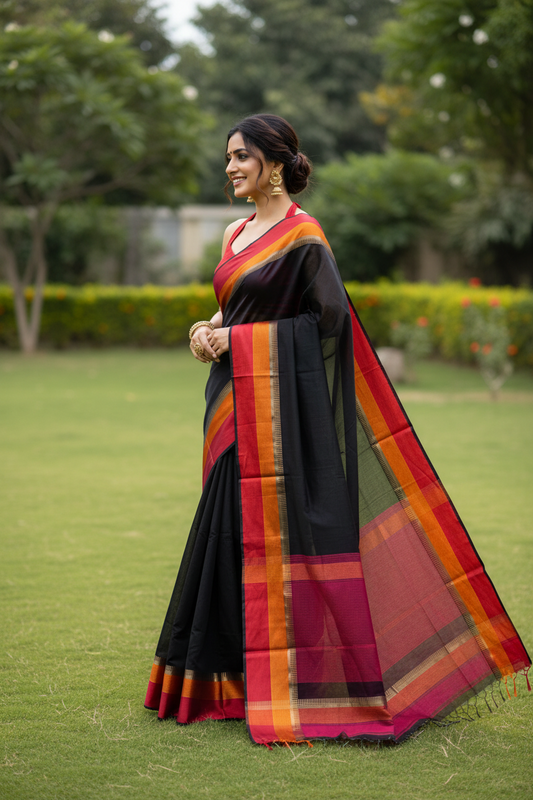 Black Maheshwari Saree with Red and Orange Borders
