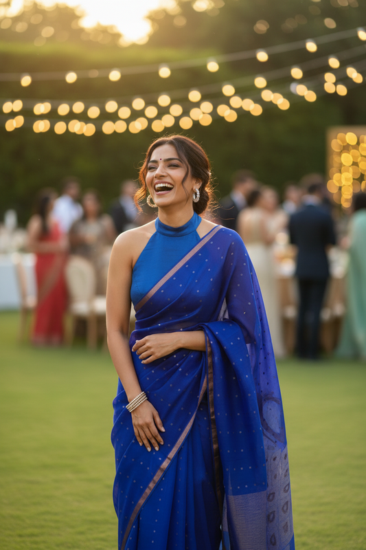 Blue Muslin Silk Jamdani Saree - Peacock Palla