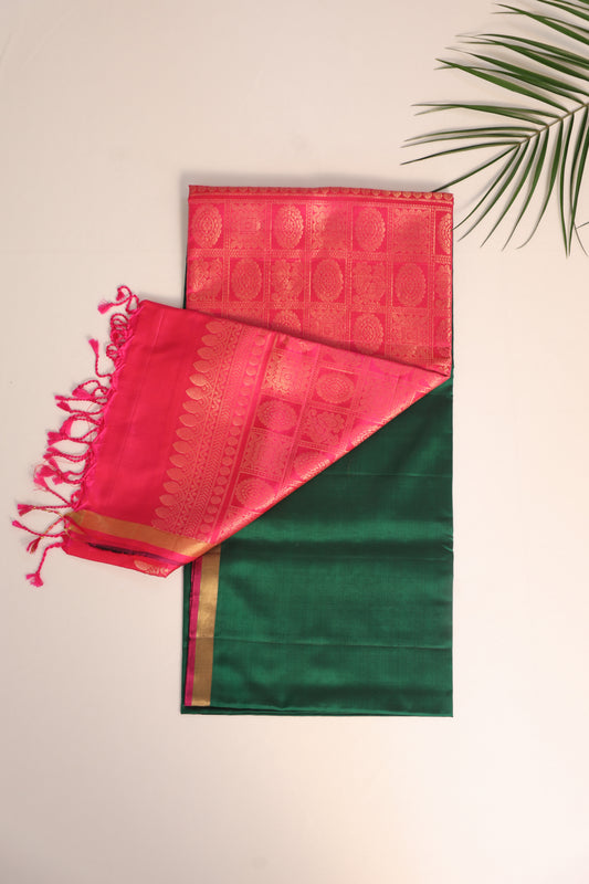 Bottle Green and Pink Kanjivaram Soft Silk Saree