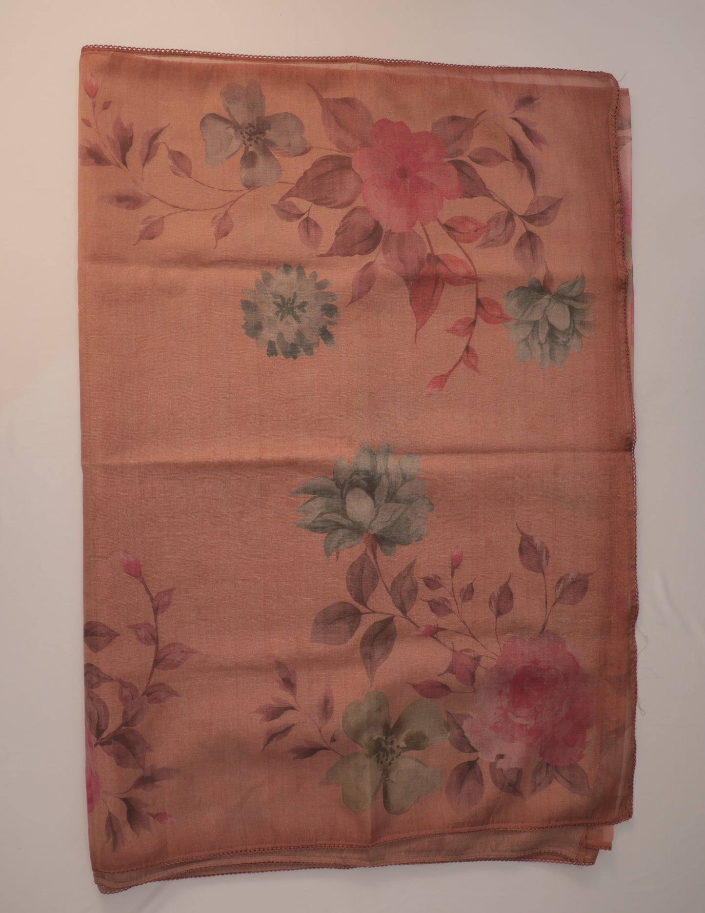 Orangish Peach Crush Tissue Saree with Digital Print