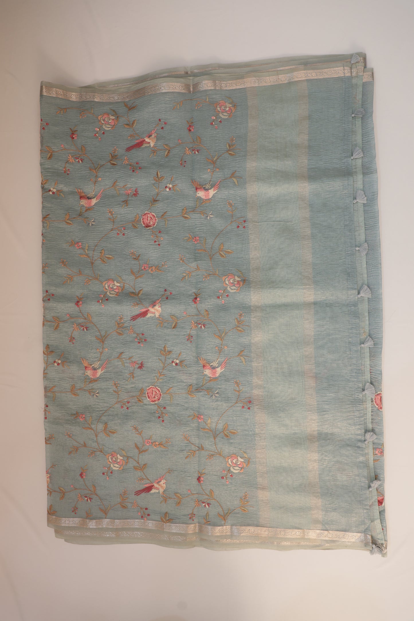 Pastel Blue Crush Tissue Saree with Parsi Gara embroidery