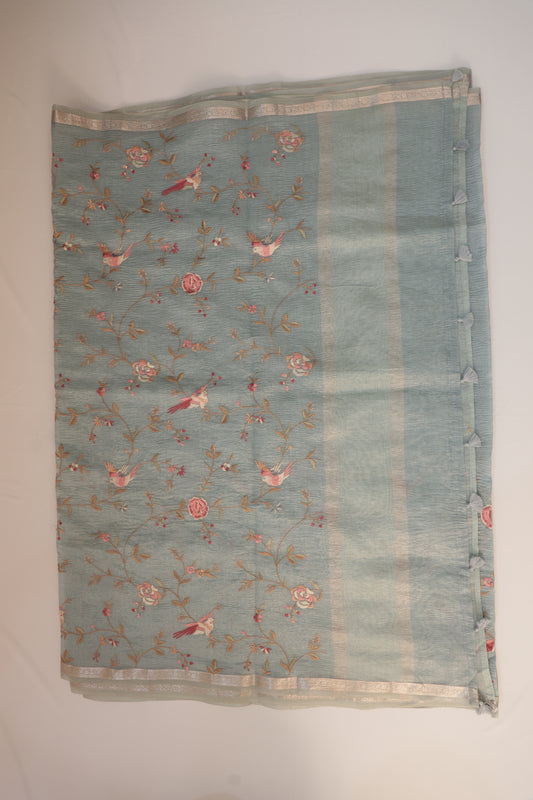 Pastel Blue Crush Tissue Saree with Parsi Gara embroidery
