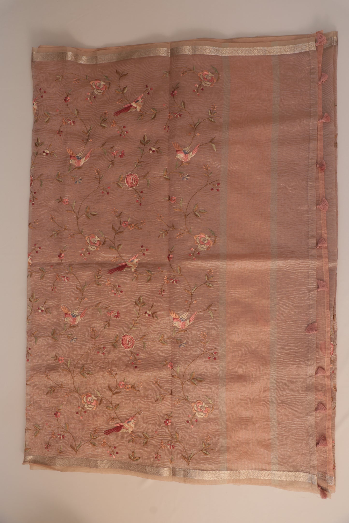 Pastel Pink Crush Tissue Saree with Parsi Gara embroidery