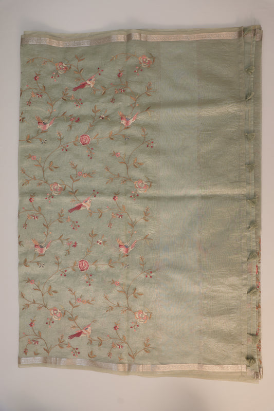 Pastel Green Crush Tissue Saree with Parsi Gara embroidery