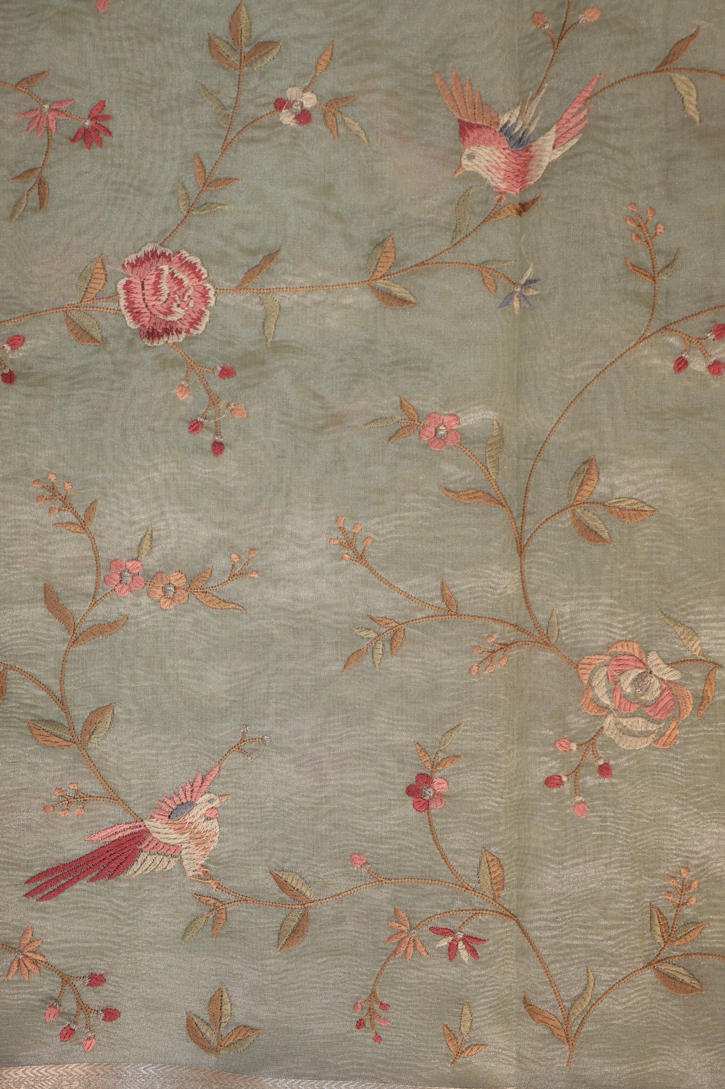 Pastel Green Crush Tissue Saree with Parsi Gara embroidery