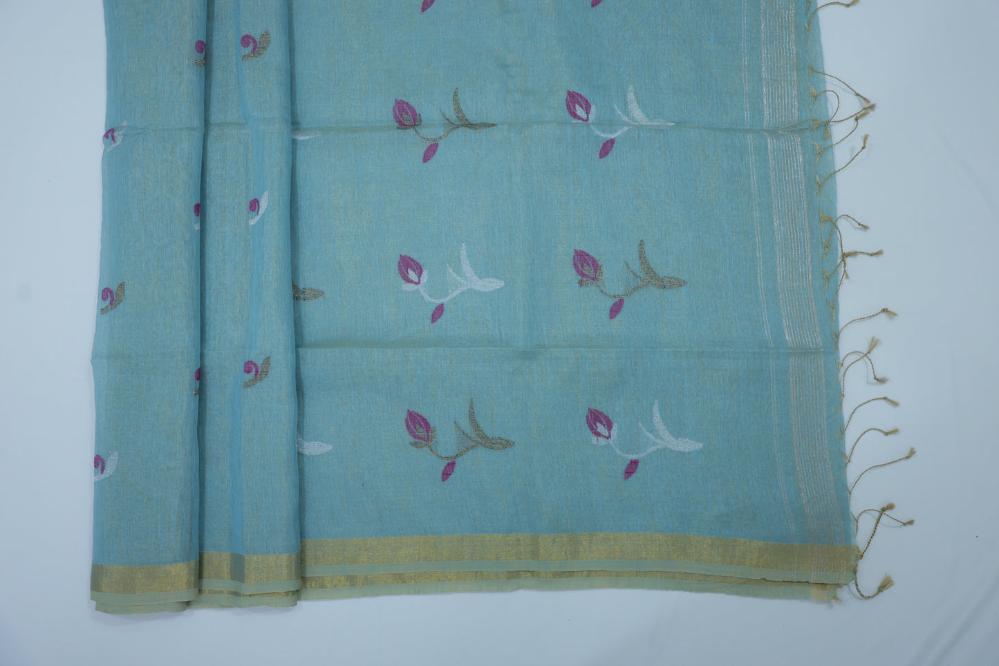 Blue Tissue Linen Saree- Tulips