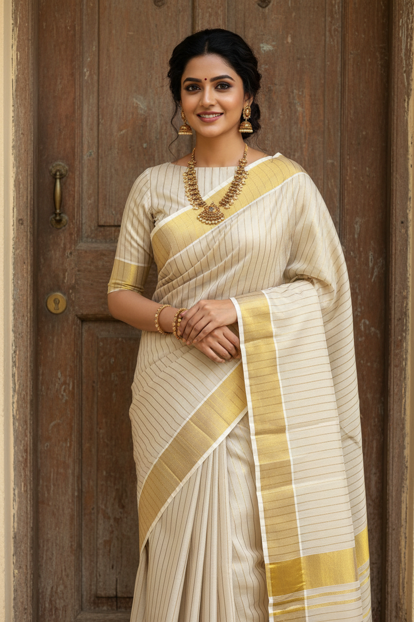 Devika - Striped Onam Kasavu Tissue Saree