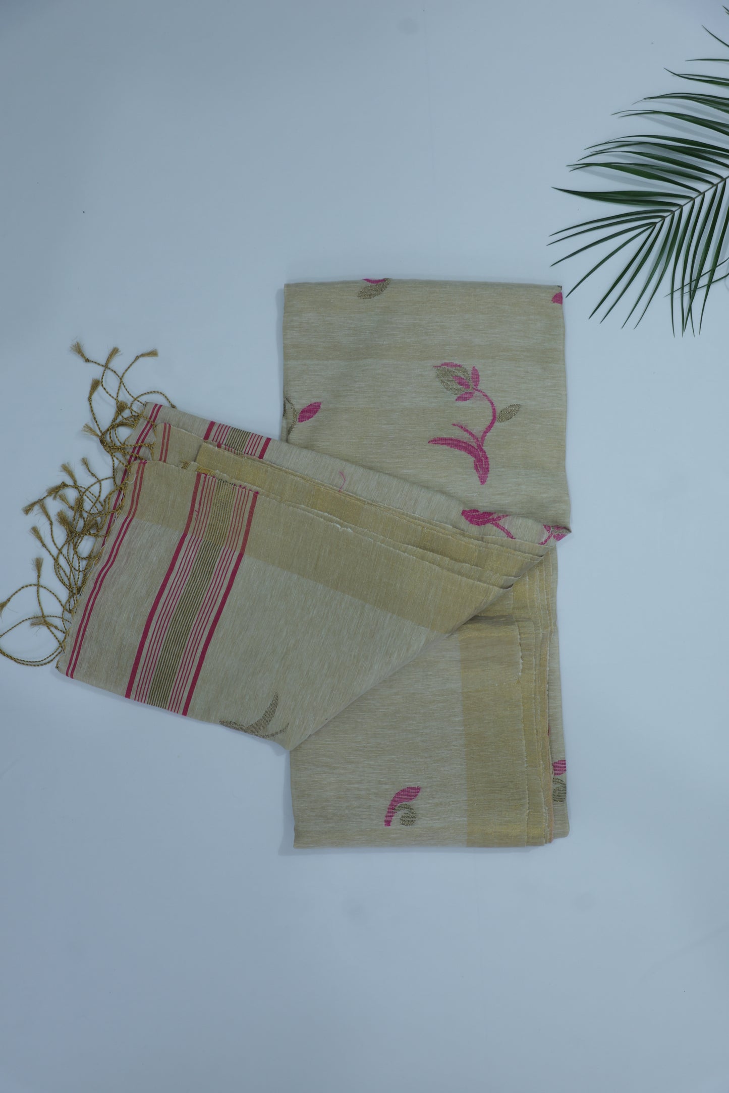 Light Golden Tissue Linen Saree - Tulips