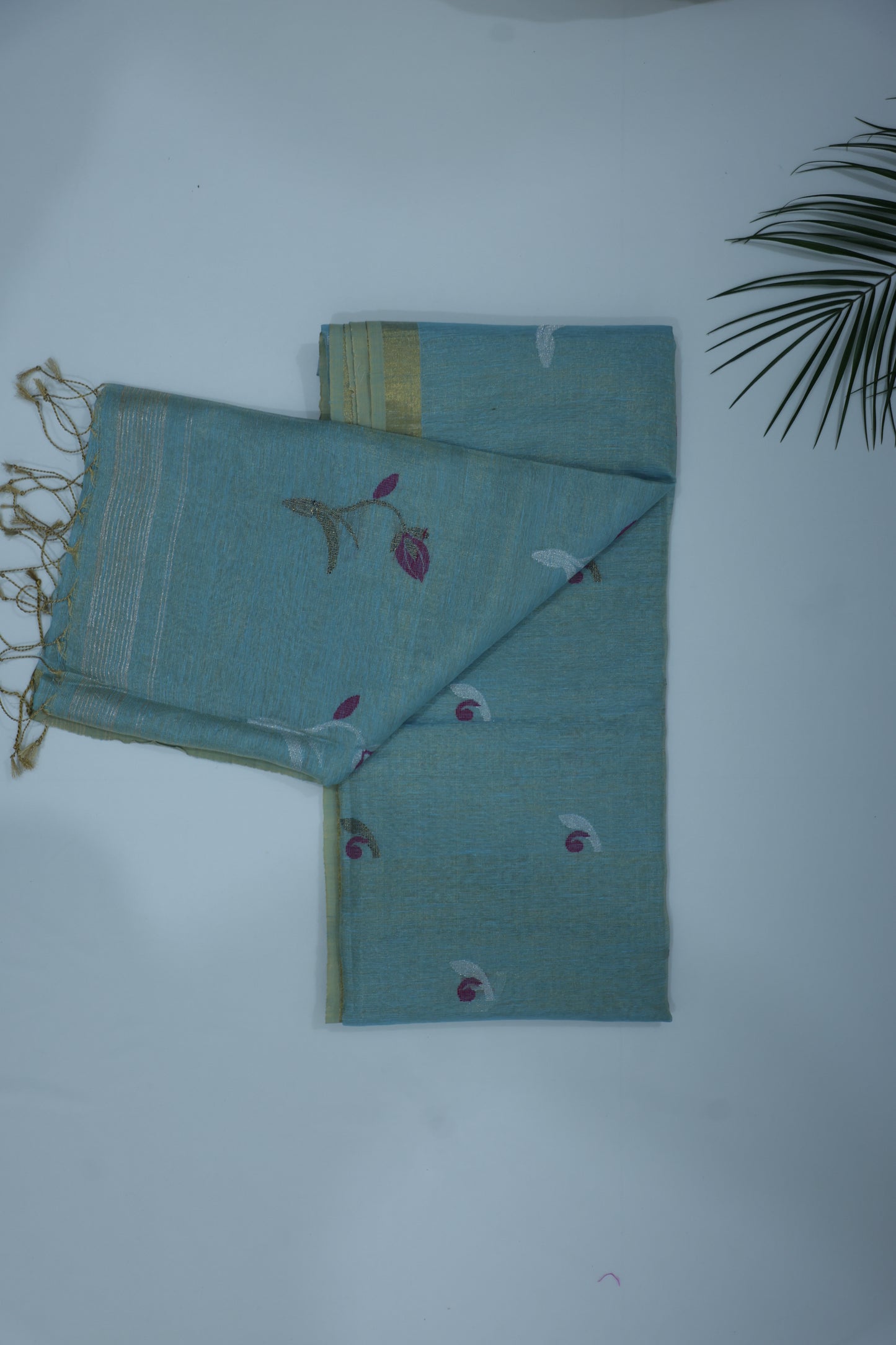 Blue Tissue Linen Saree- Tulips
