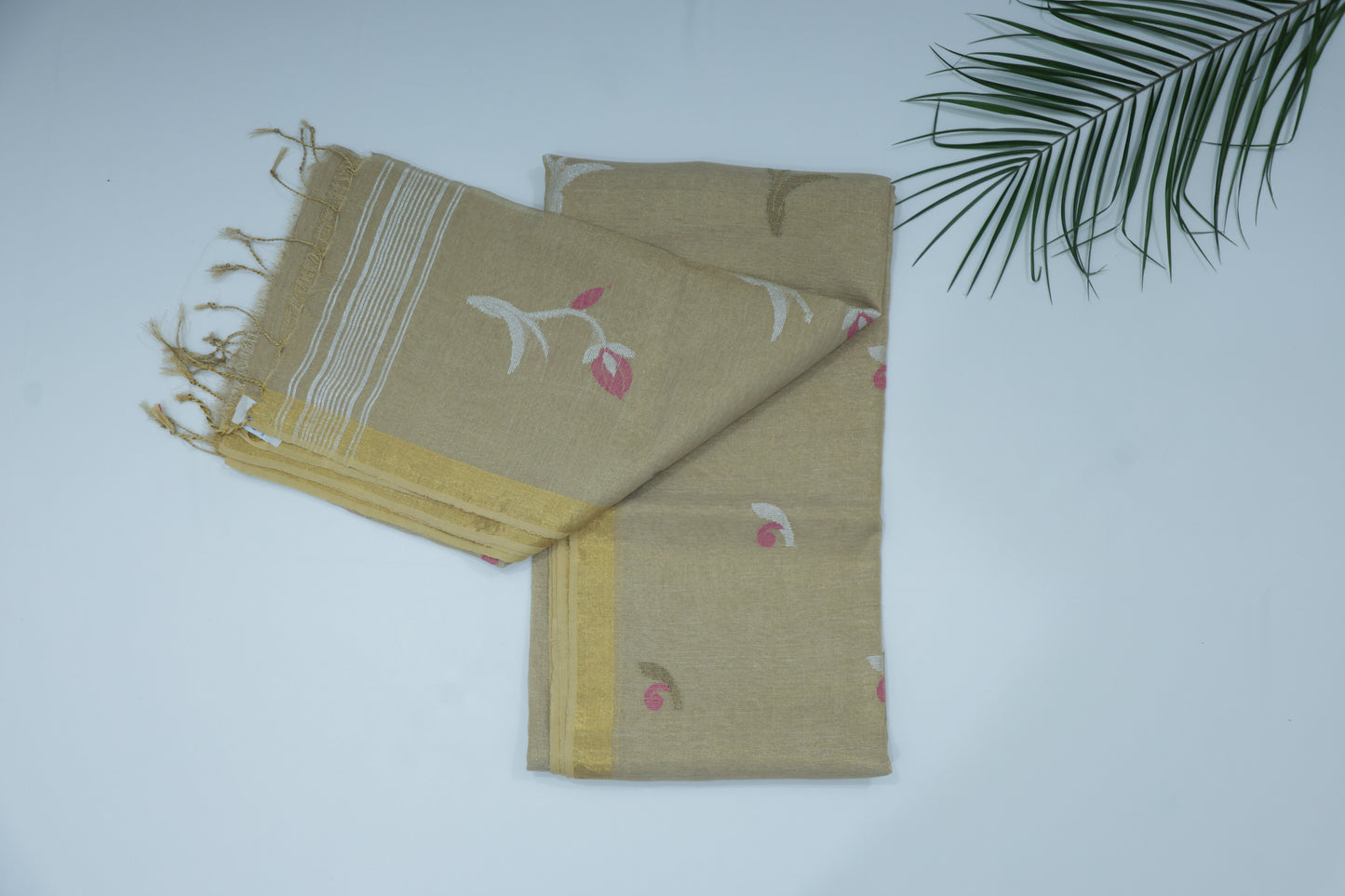 Dark Golden Tissue Linen Saree- Tulips