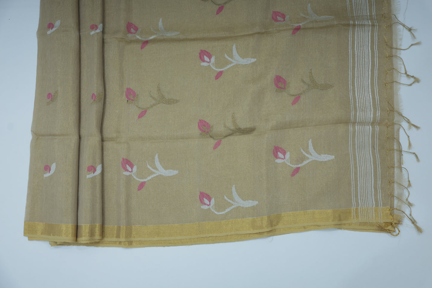 Dark Golden Tissue Linen Saree- Tulips