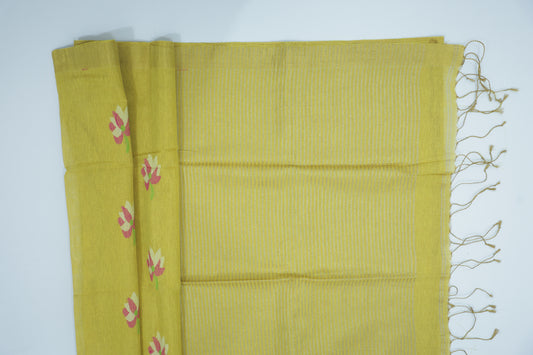 Yellow Tissue Linen Saree- Lotus