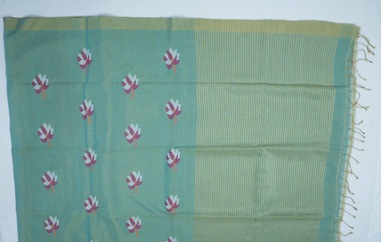Bluish Green Tissue Linen Saree- Lotus