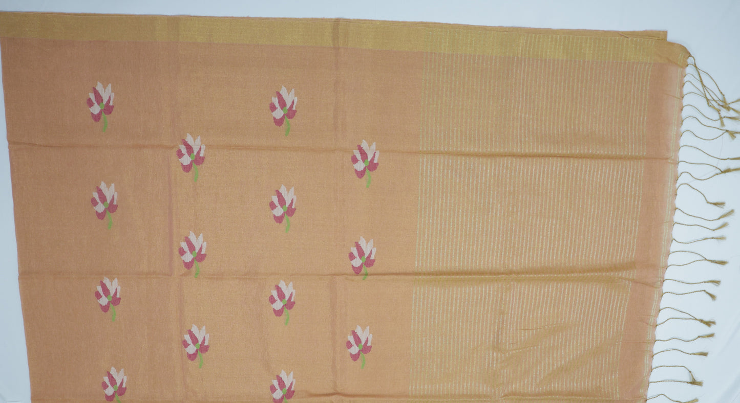 Orangish Peach Tissue Linen Saree- Lotus