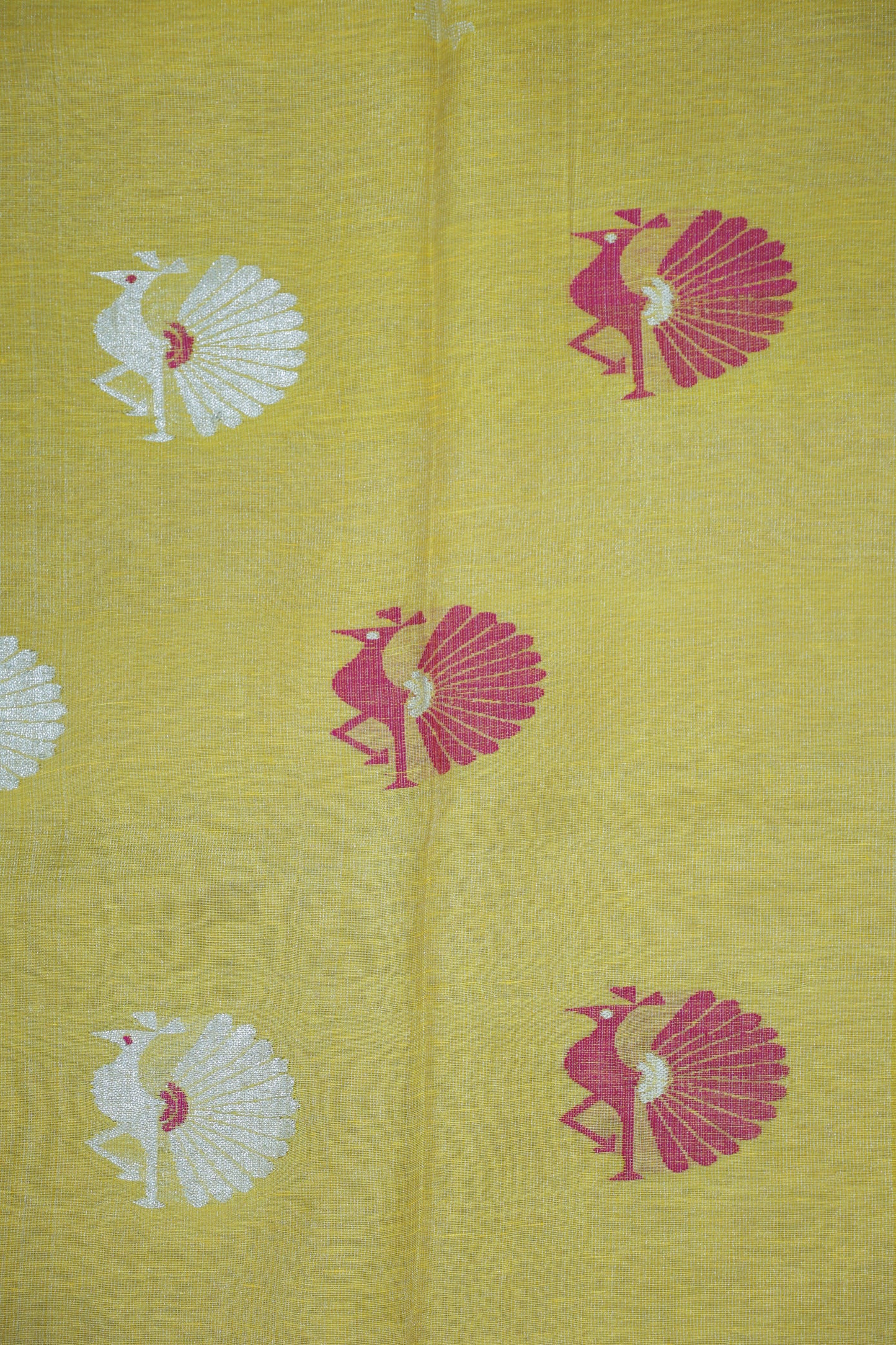 Yellow Tissue Linen Saree- Peacock