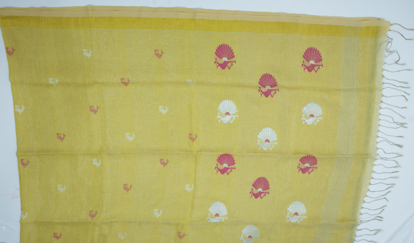Yellow Tissue Linen Saree- Peacock
