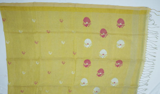 Yellow Tissue Linen Saree- Peacock
