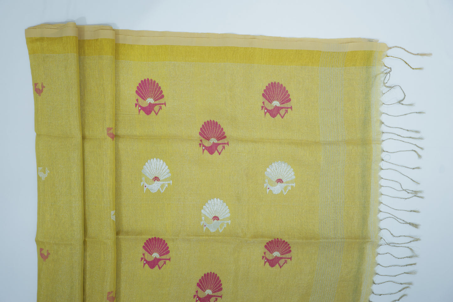 Yellow Tissue Linen Saree- Peacock
