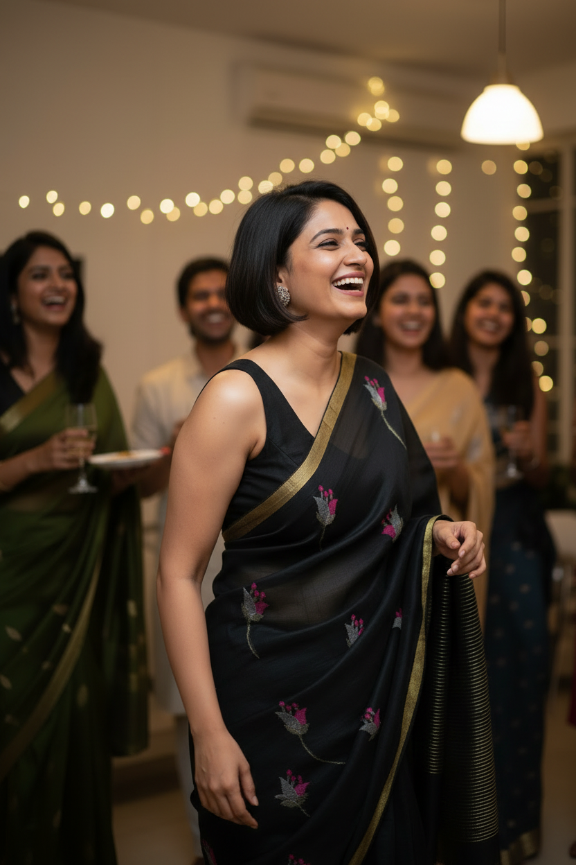 Tulip Linen Saree- Black