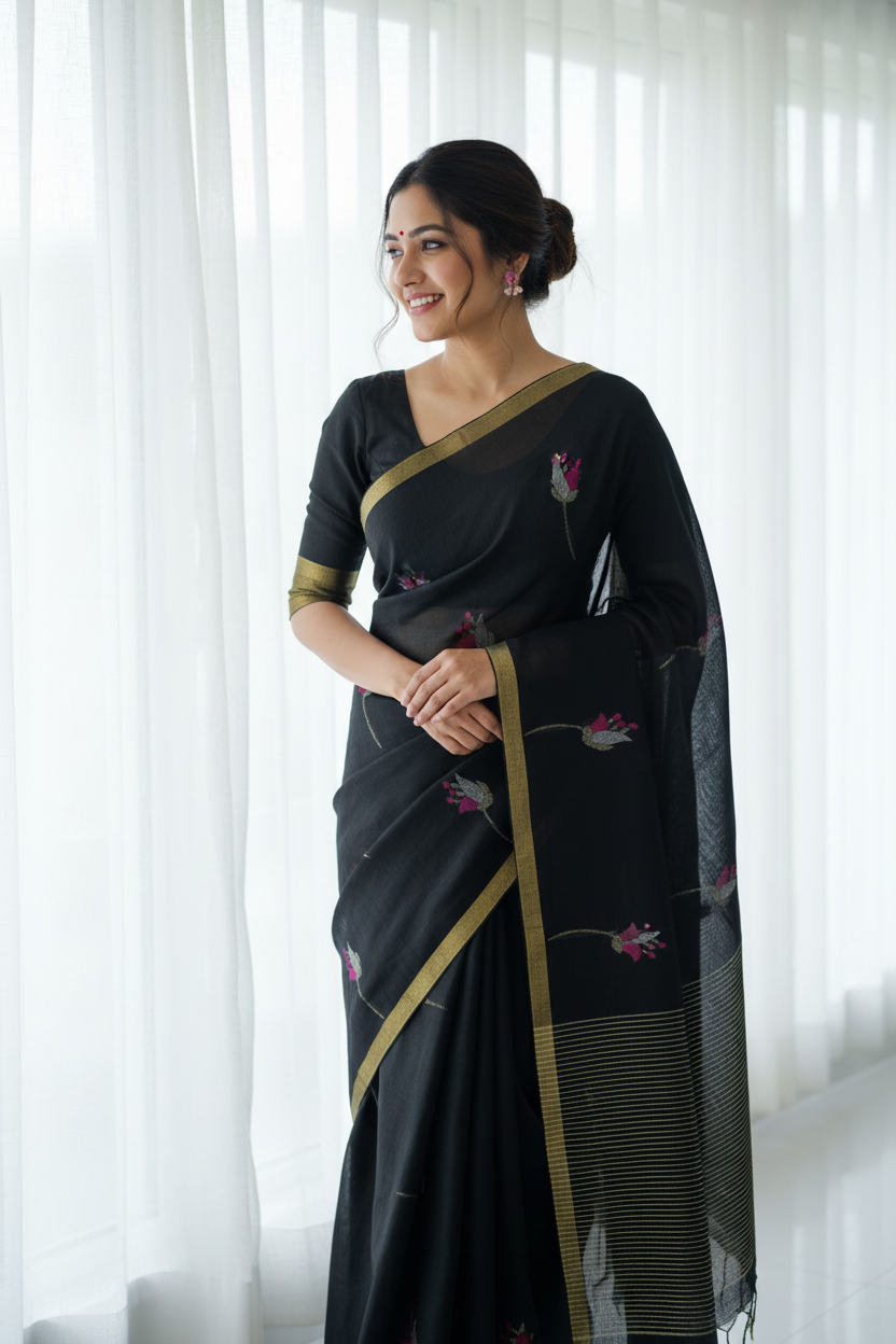 Tulip Linen Saree- Black