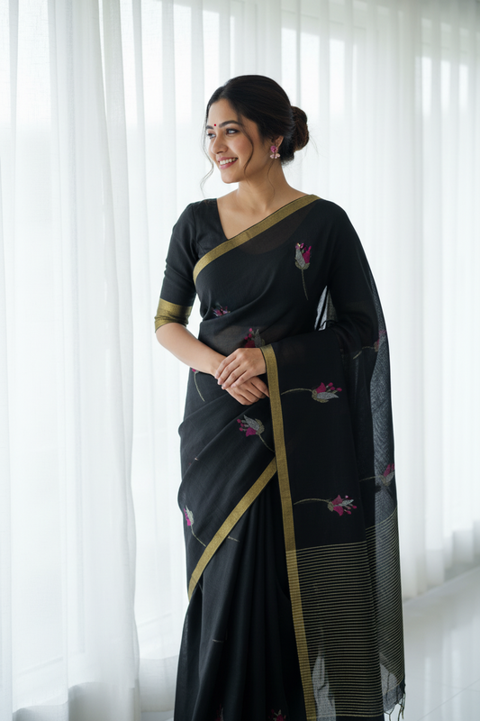 Tulip Linen Saree- Black