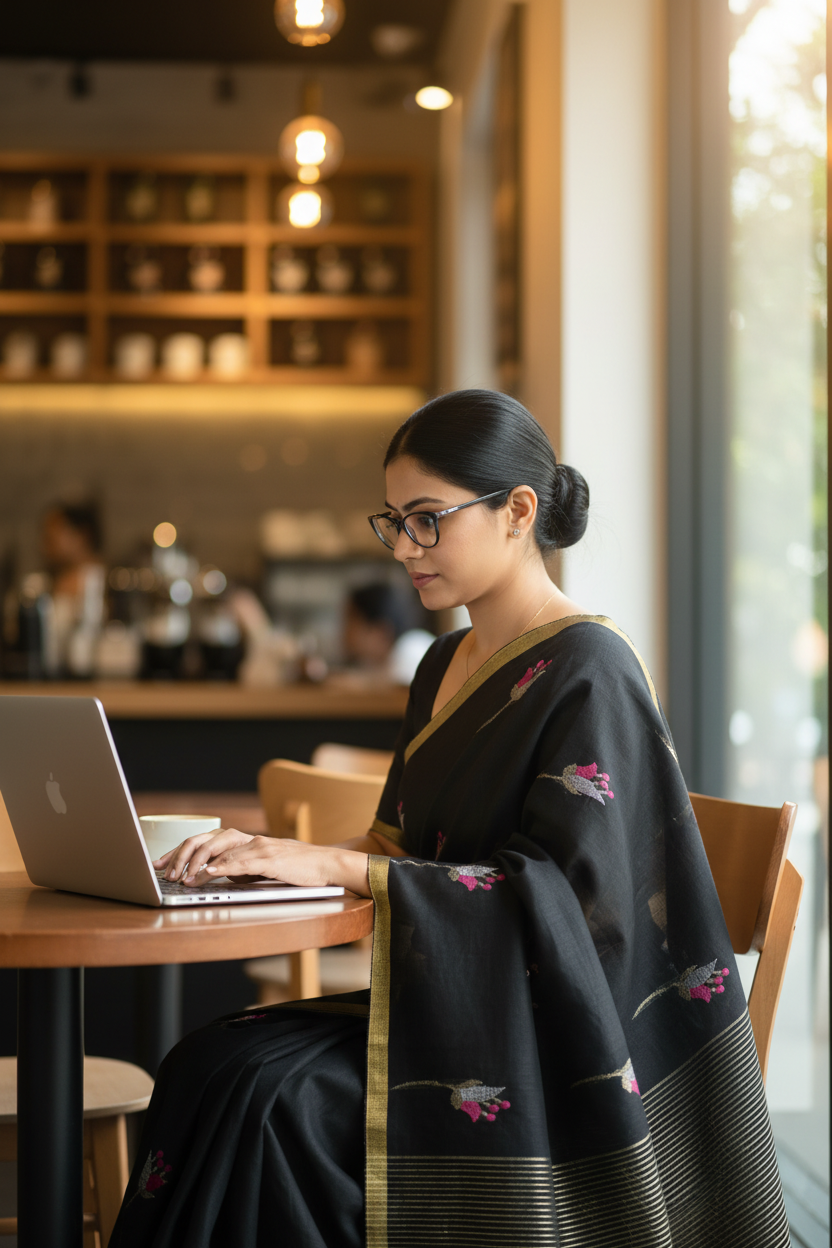 Tulip Linen Saree- Black