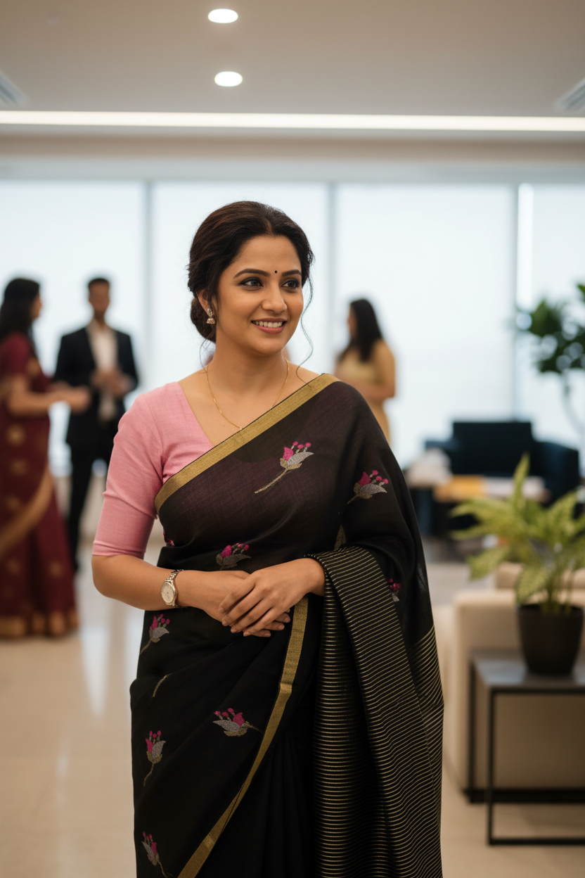 Tulip Linen Saree- Black