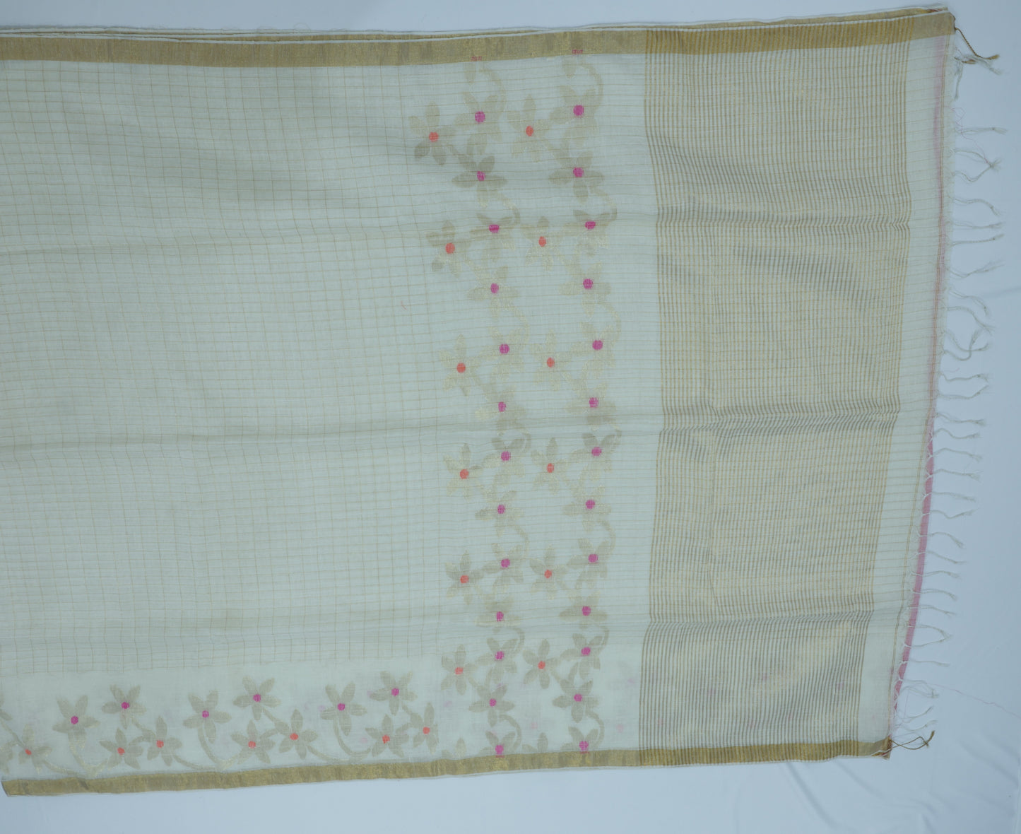 Off White Linen Jamdani - Flower Border