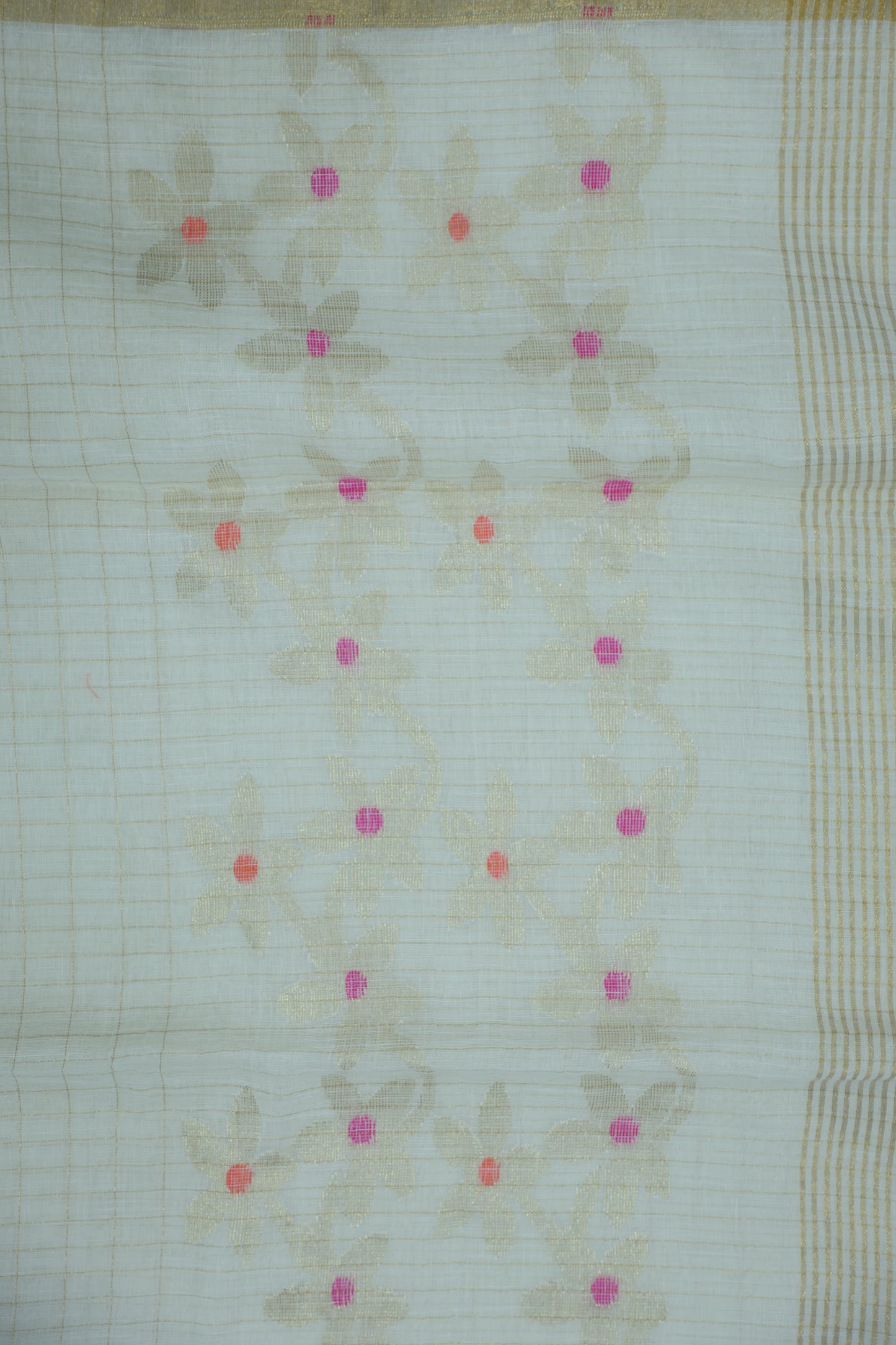 Off White Linen Jamdani - Flower Border