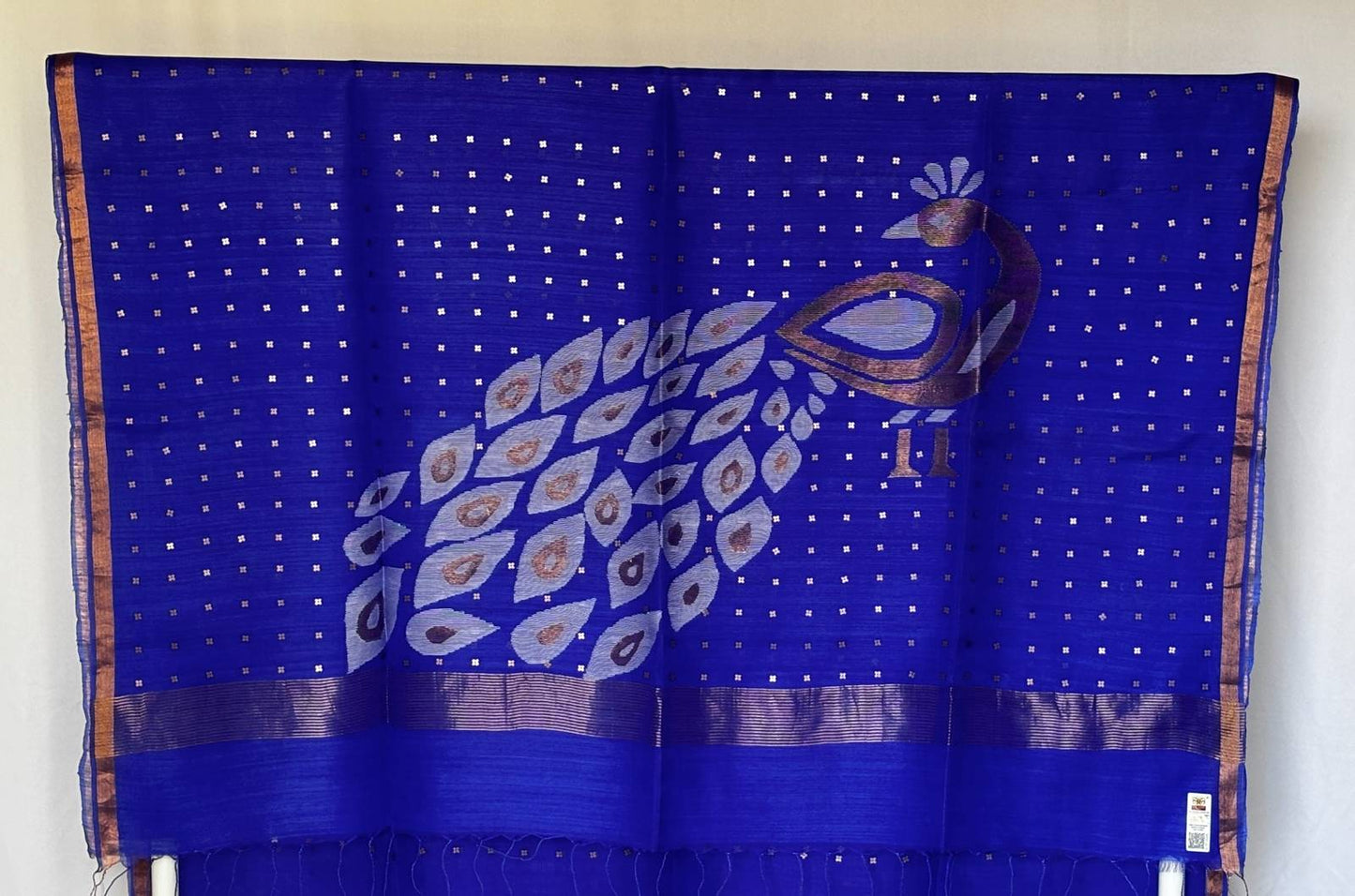 Blue Muslin Silk Jamdani Saree - Peacock Palla
