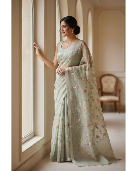 Pastel Green Crush Tissue Saree with Parsi Gara embroidery