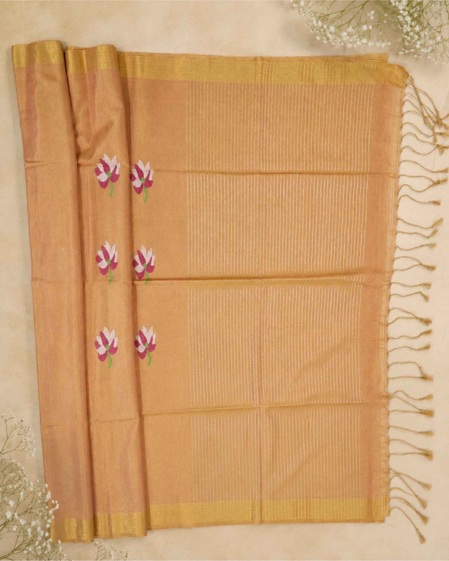 Orangish Peach Tissue Linen Saree- Lotus