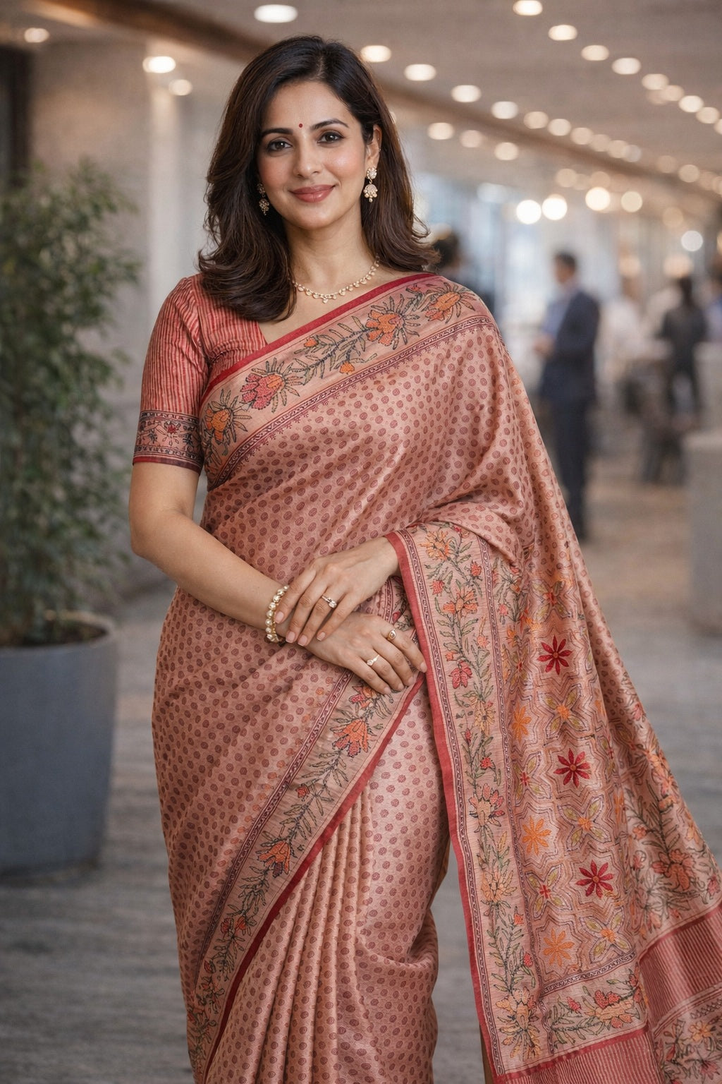 Peach Tussar Silk Saree