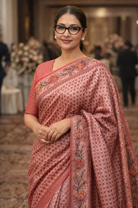 Peach Tussar Silk Saree