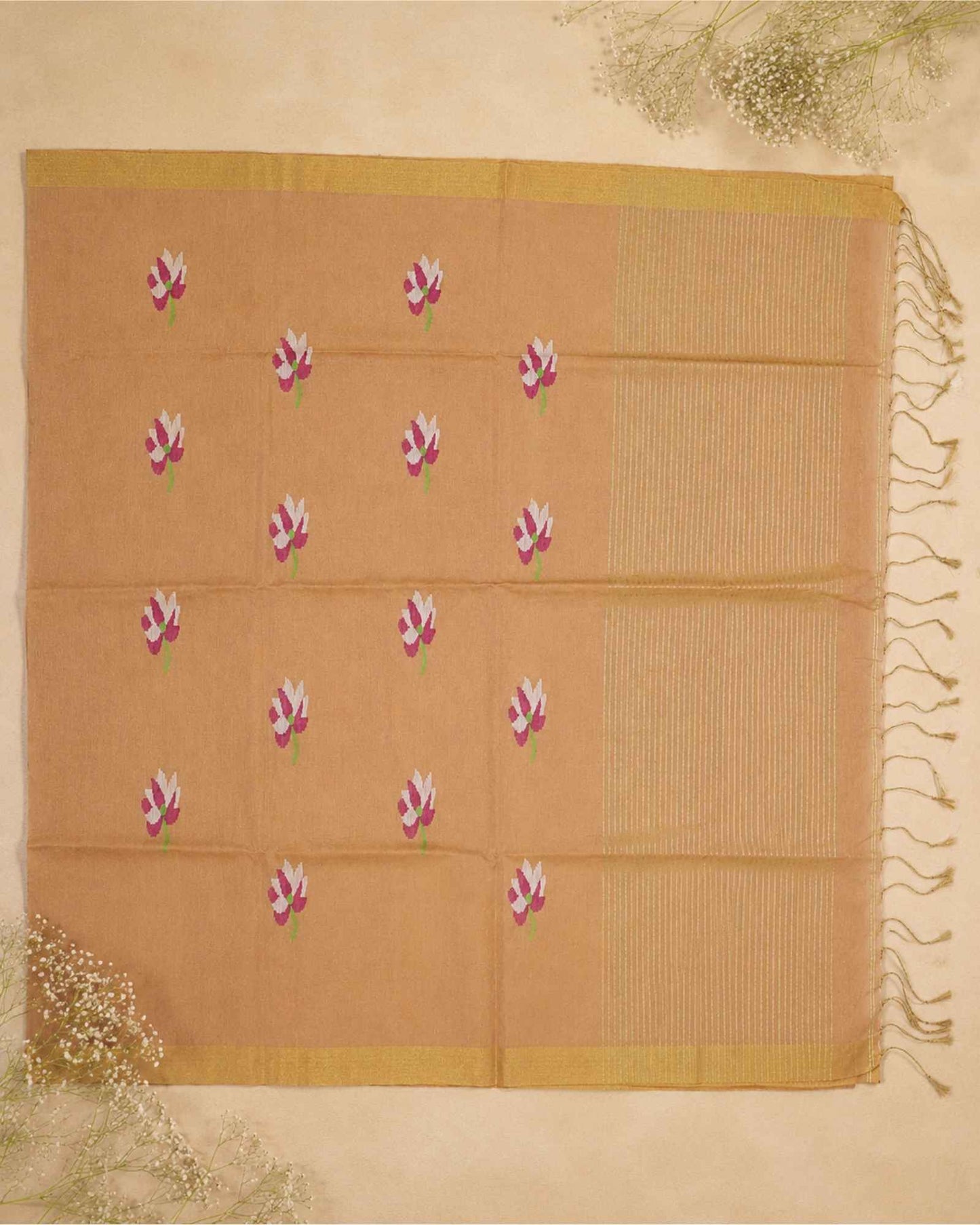 Orangish Peach Tissue Linen Saree- Lotus
