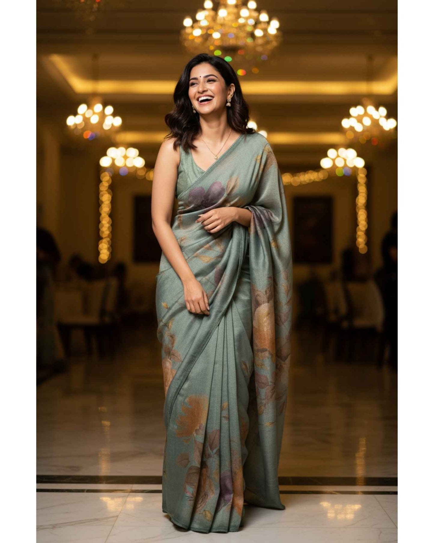 Olive Green Crush Tissue Saree with Digital Print